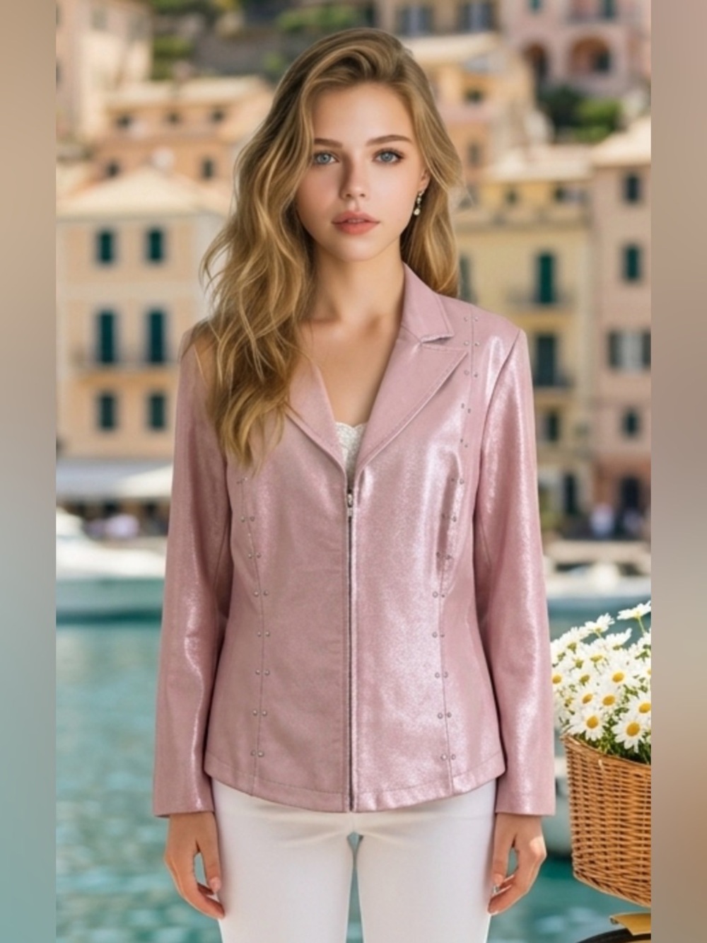 Women's Blush Pink Stud-Trim Zip Leather and knit Jacket